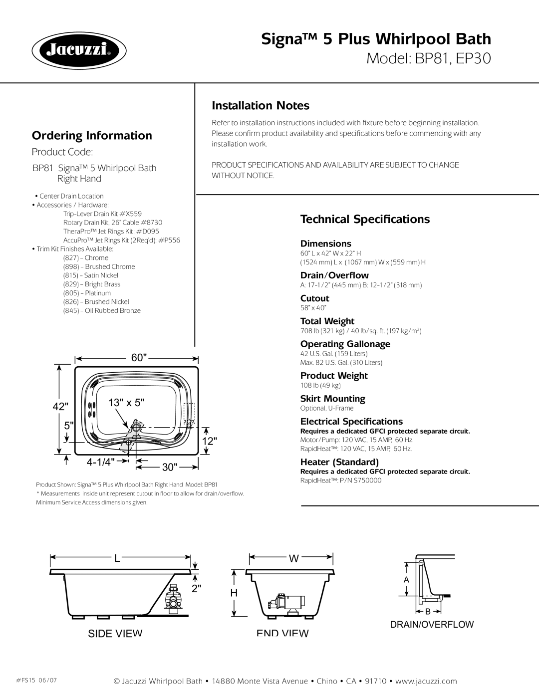 Jacuzzi BP81 dimensions Ordering Information, Installation Notes, Technical Speciﬁcations 