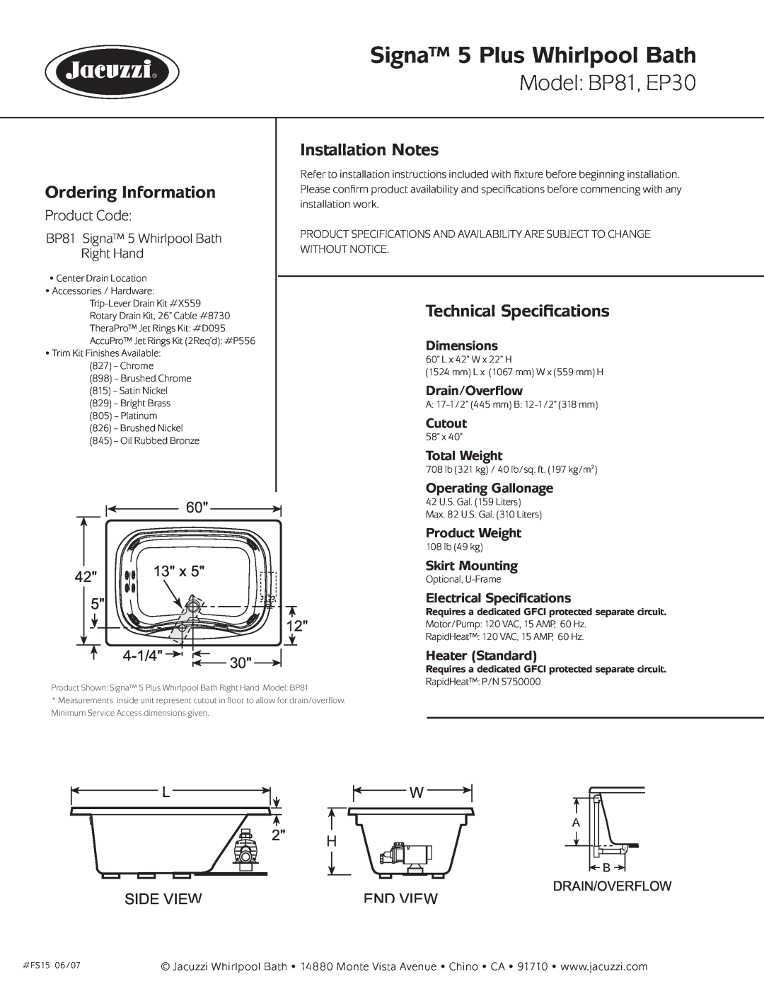Jacuzzi Signa 5 Plus Whirlpool Bath, Model BP81, EP30, Ordering Information, Installation Notes, Product Code, 4-1/4 