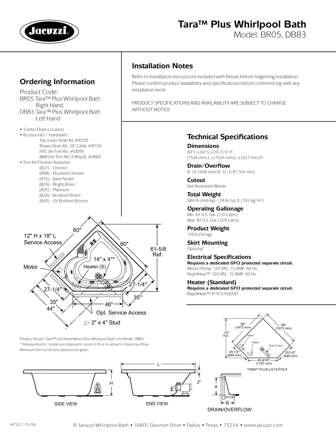 Jacuzzi BR05 dimensions Ordering Information, Installation Notes, Technical Specifications 