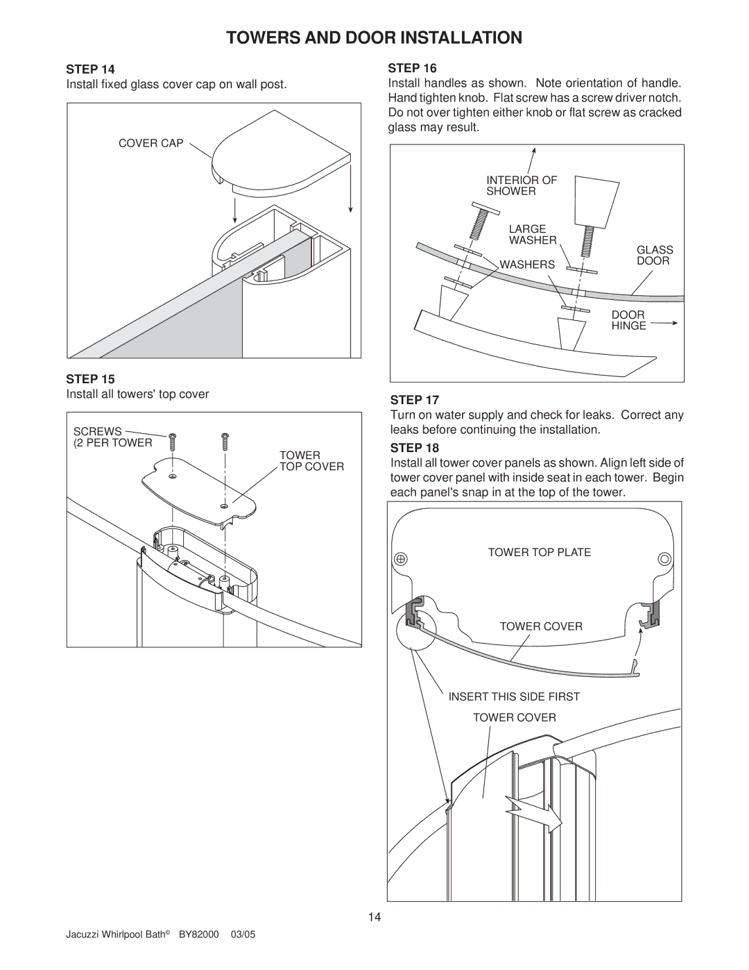 Jacuzzi BY82000 manual Towers and Door Installation 