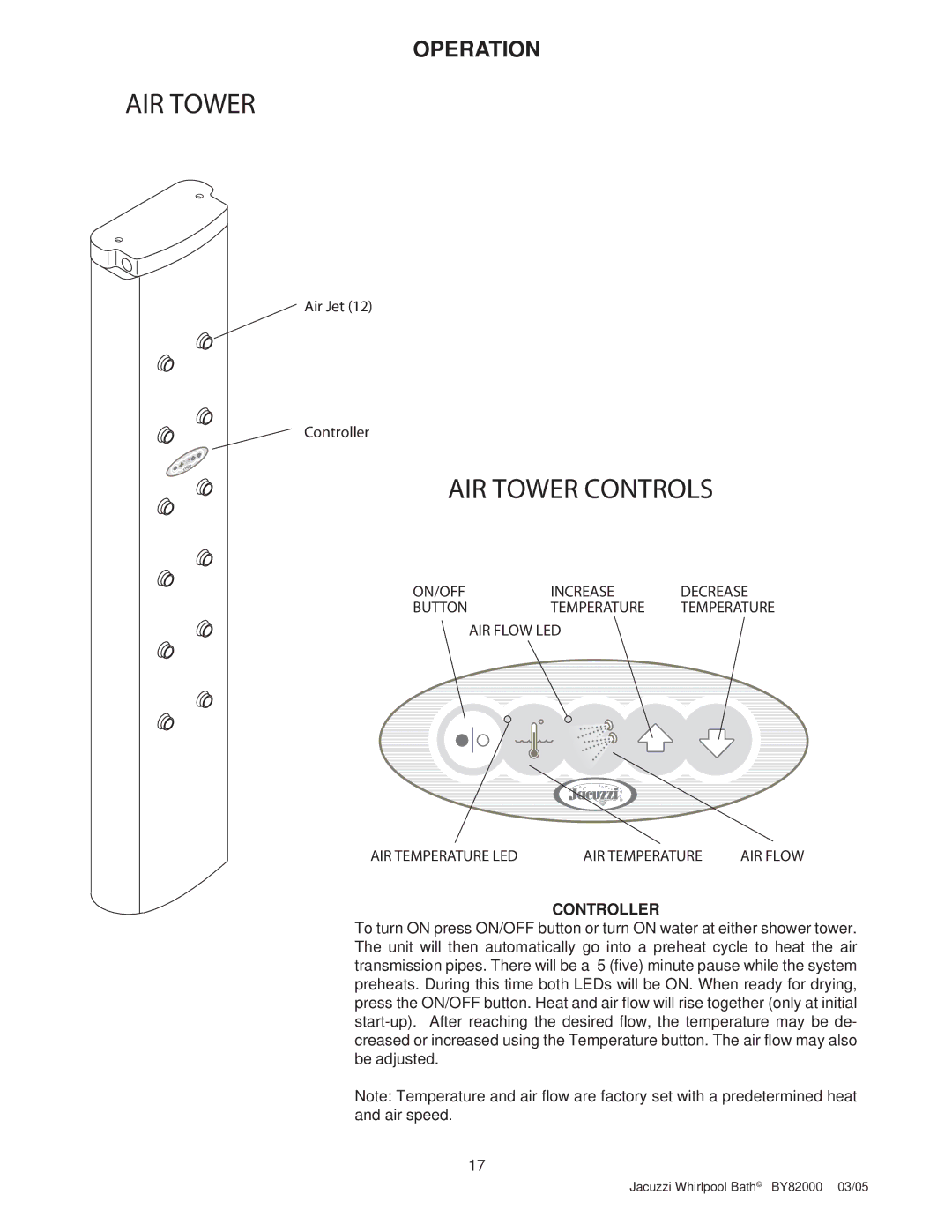 Jacuzzi BY82000 manual AIR Tower 