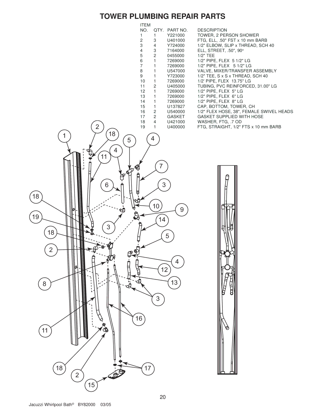 Jacuzzi BY82000 manual Tower Plumbing Repair Parts, TOWER, 2 Person Shower 