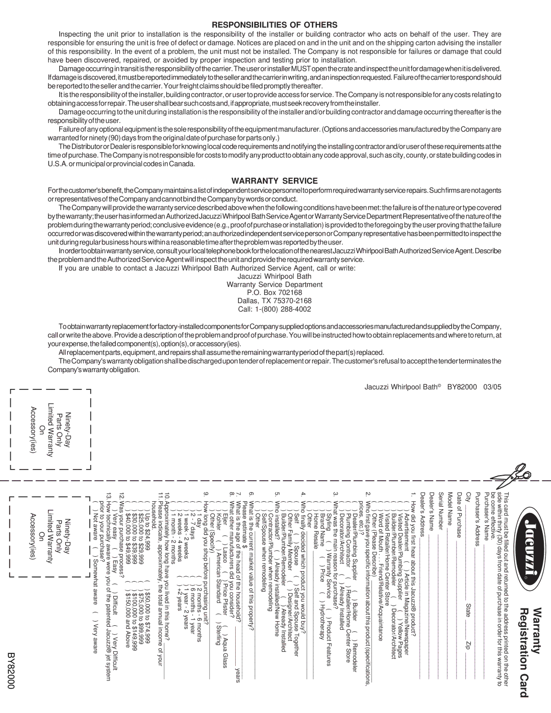 Jacuzzi BY82000 manual Warranty Registration Card 