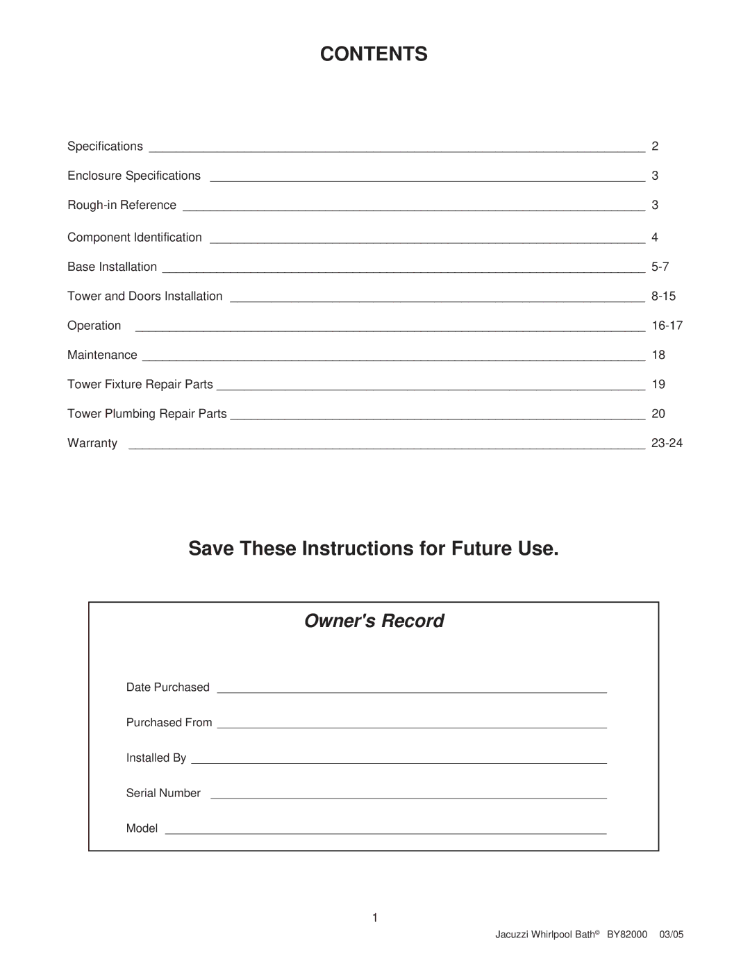 Jacuzzi BY82000 manual Contents 