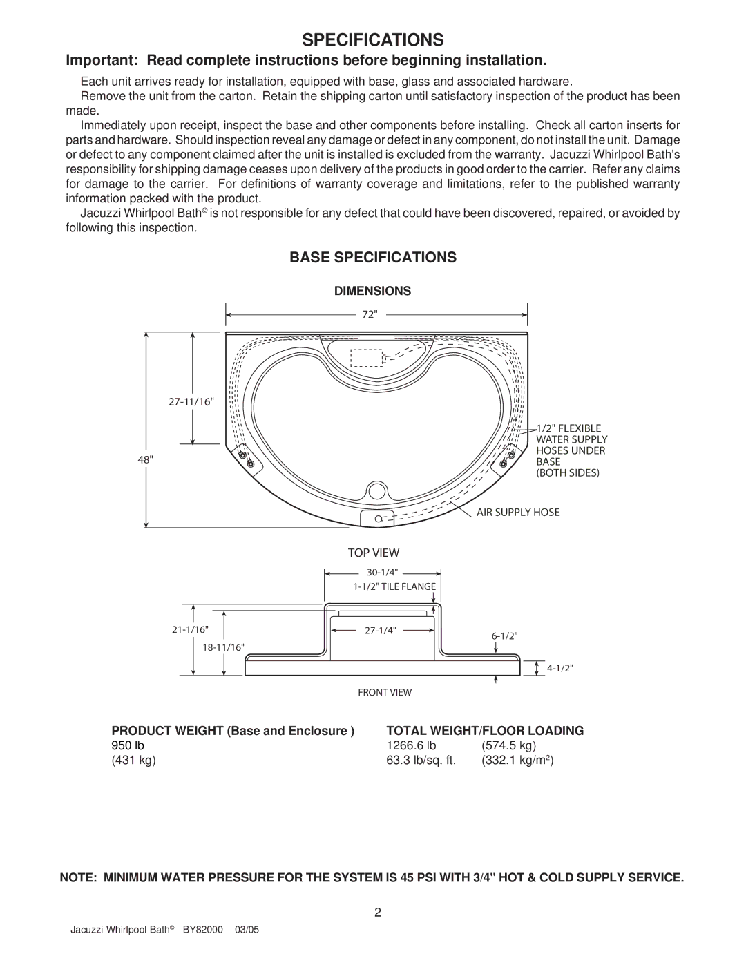 Jacuzzi BY82000 manual Base Specifications 