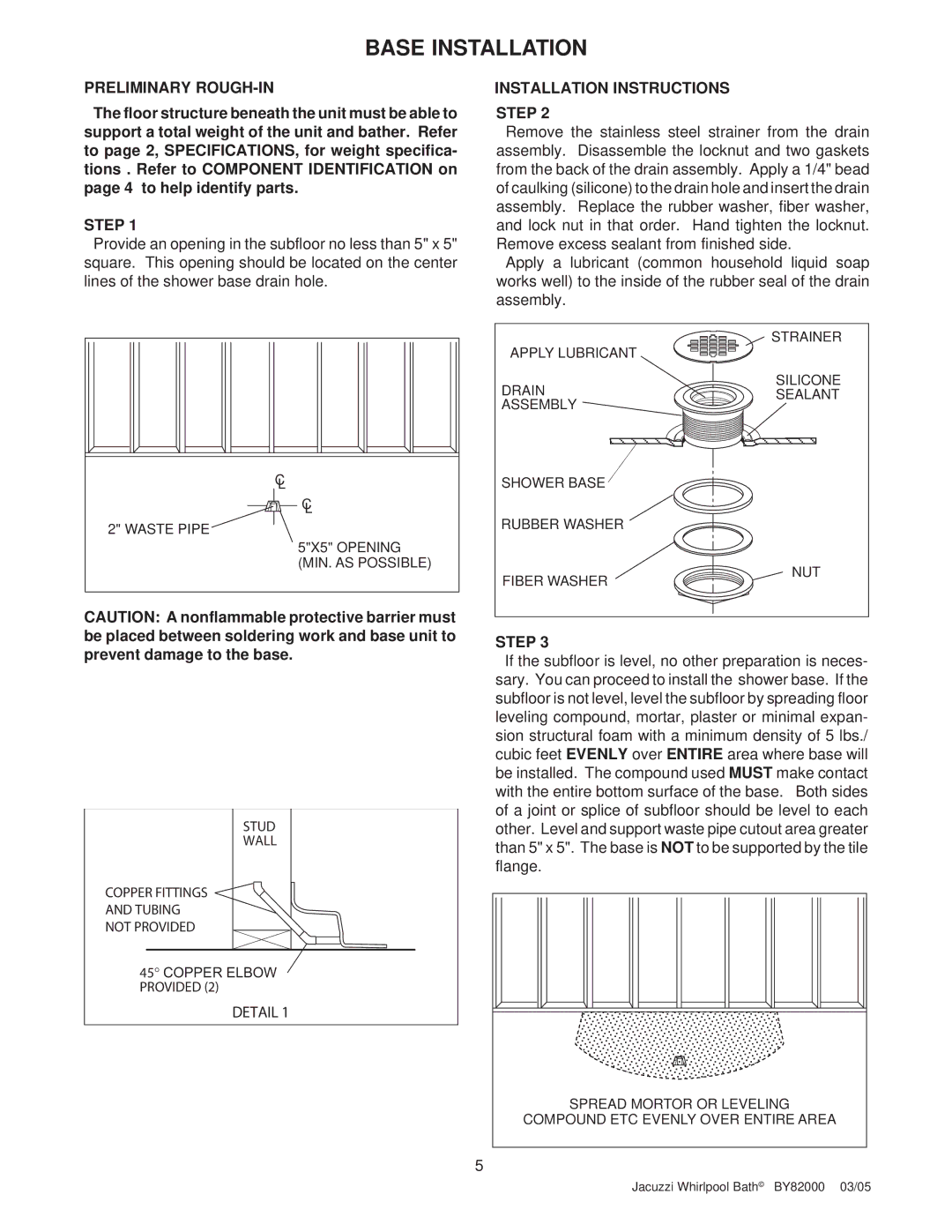 Jacuzzi BY82000 manual Base Installation, Preliminary ROUGH-IN 