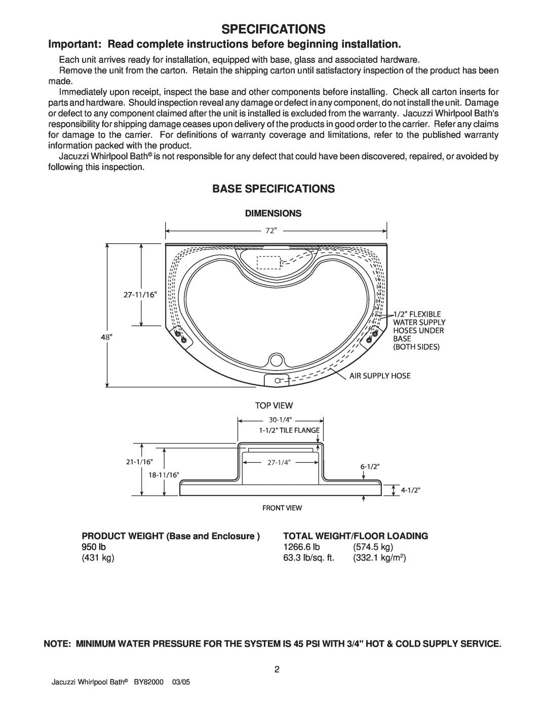 Jacuzzi BY82000 Important Read complete instructions before beginning installation, Base Specifications, Dimensions 