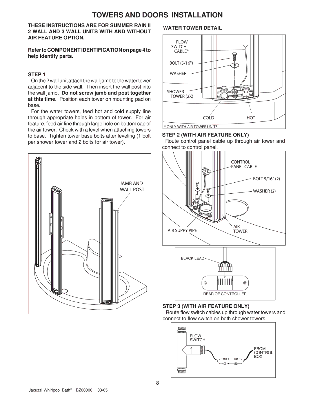 Jacuzzi BZ00000 operating instructions Towers and Doors Installation, Water Tower Detail, With AIR Feature only 