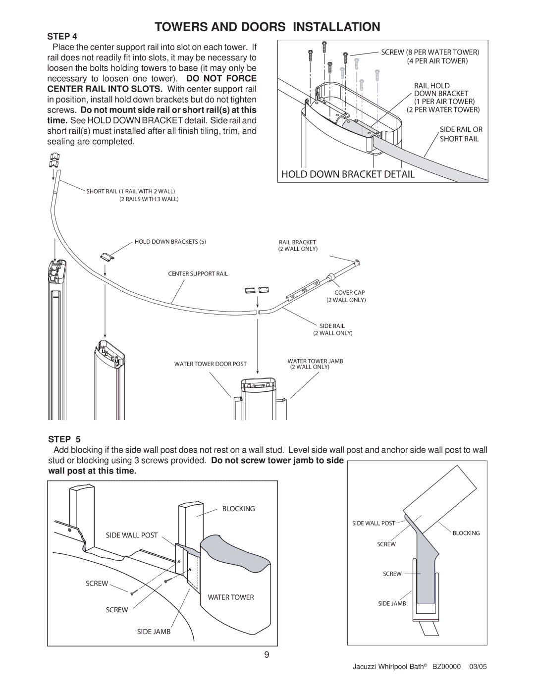 Jacuzzi BZ00000 operating instructions Hold Down Bracket Detail 