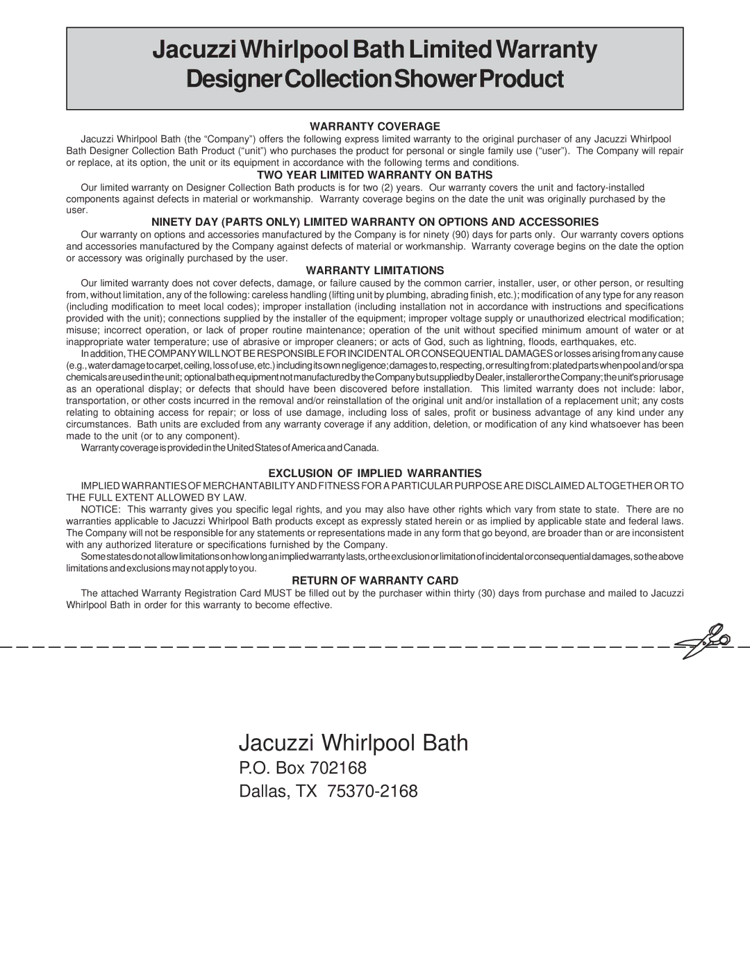 Jacuzzi BZ00000 operating instructions Jacuzzi Whirlpool Bath 