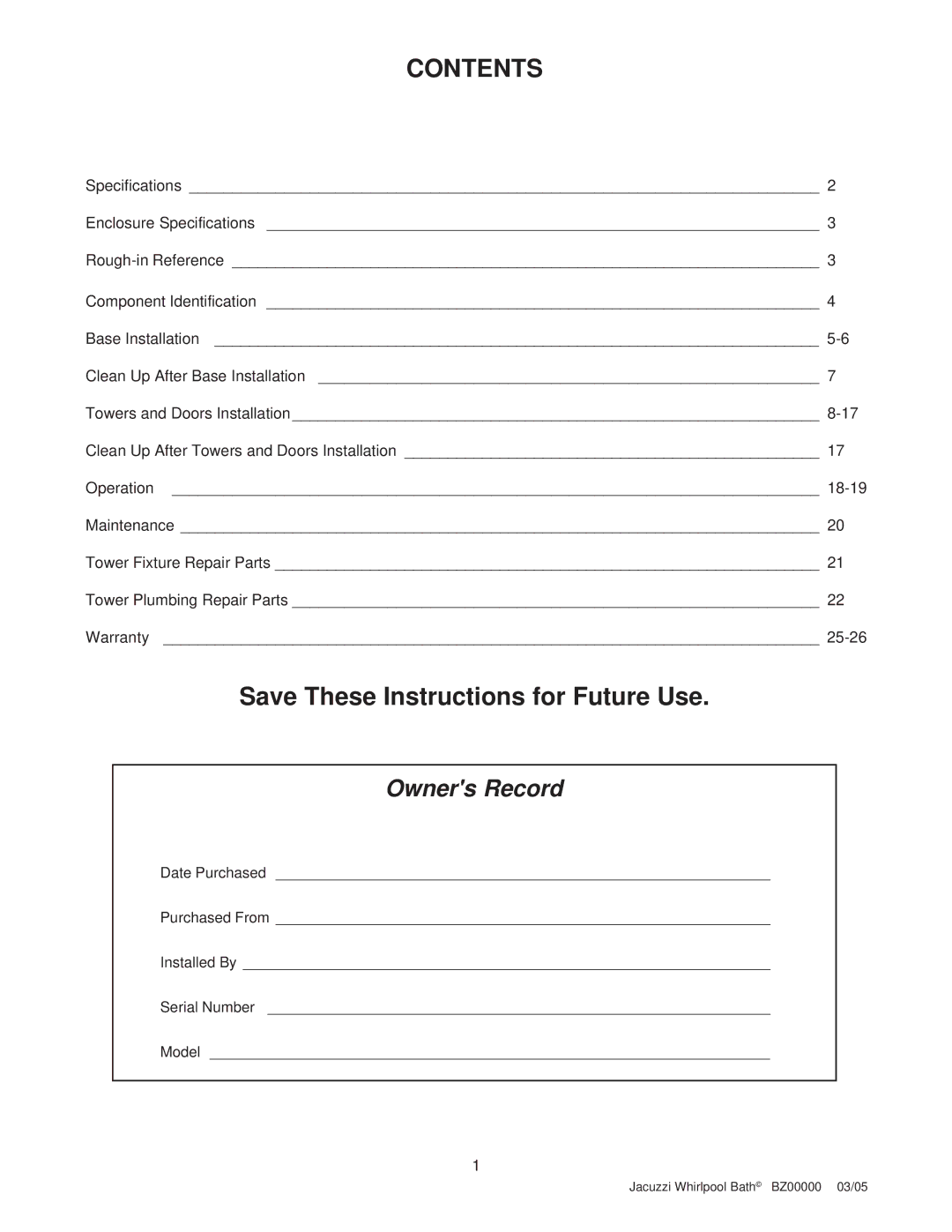 Jacuzzi BZ00000 operating instructions Contents 