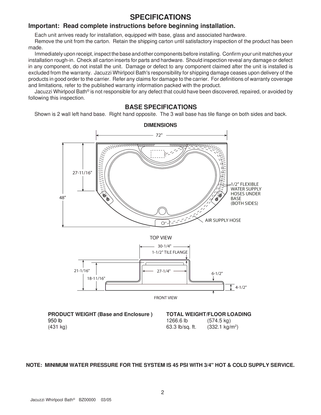 Jacuzzi BZ00000 operating instructions Specifications, Dimensions, Total WEIGHT/FLOOR Loading 