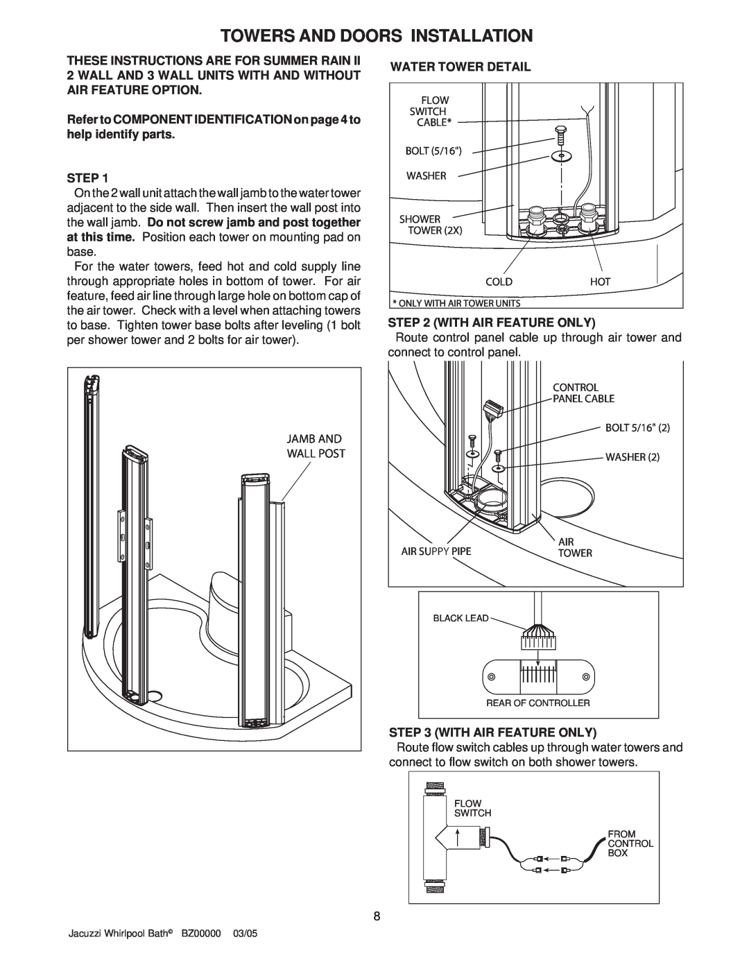 Jacuzzi BZ00000 Towers And Doors Installation, Refer to COMPONENT IDENTIFICATION on page 4 to help identify parts, Step 