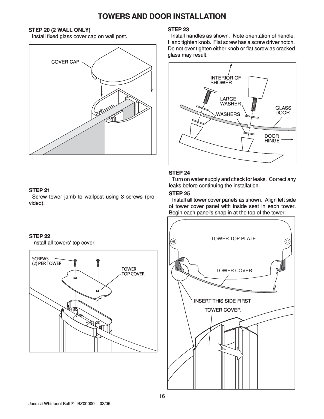 Jacuzzi BZ00000 operating instructions Towers And Door Installation, 2 WALL ONLY, Step 