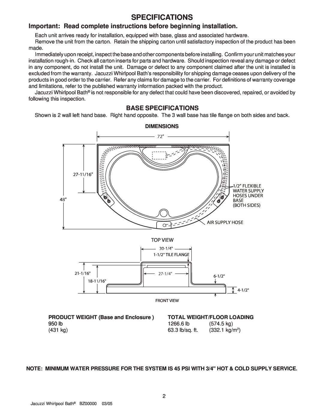 Jacuzzi BZ00000 Important Read complete instructions before beginning installation, Base Specifications, Dimensions 