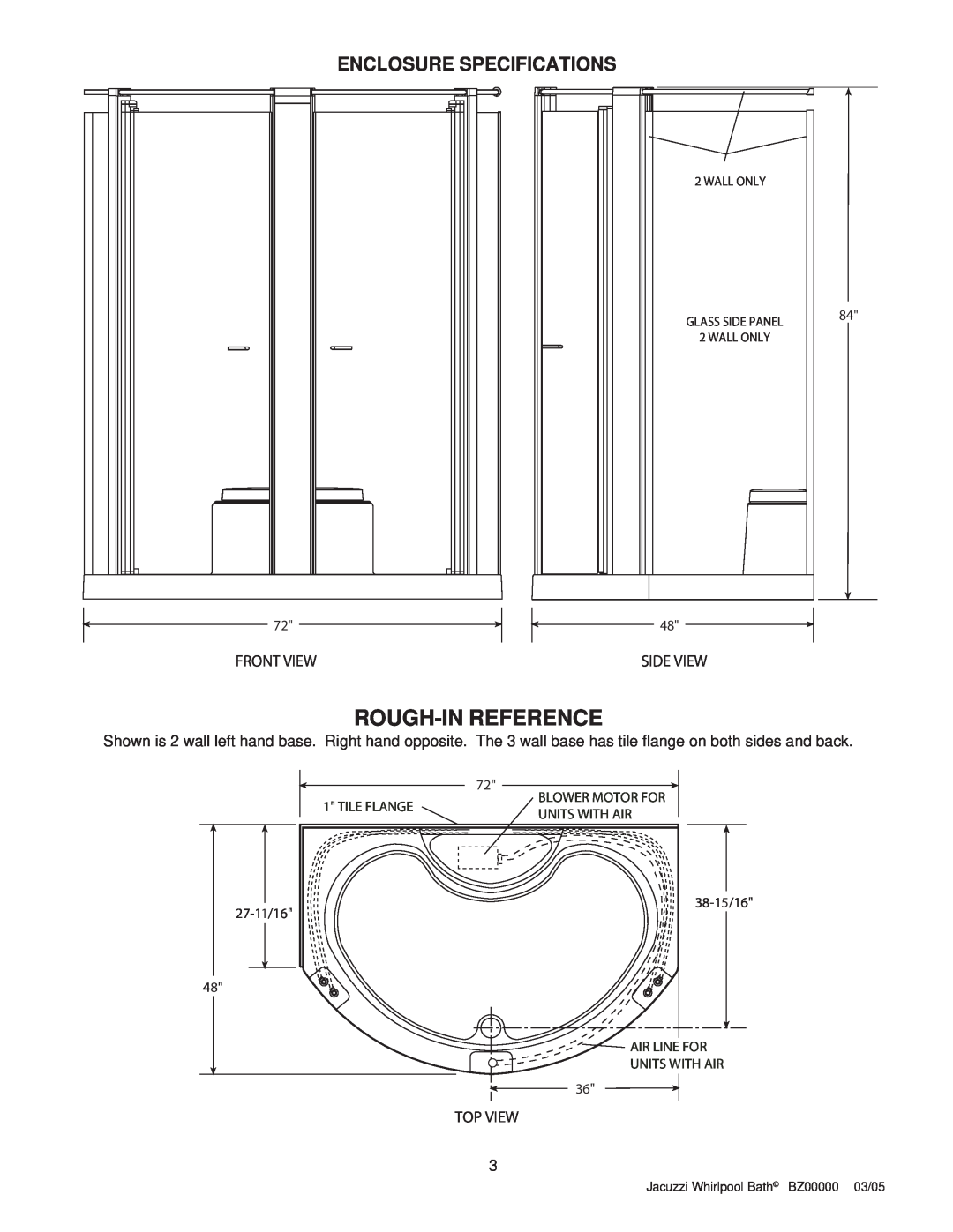 Jacuzzi BZ00000 Rough-In Reference, Enclosure Specifications, Front View, Side View, Top View, Tile Flange, Units With Air 