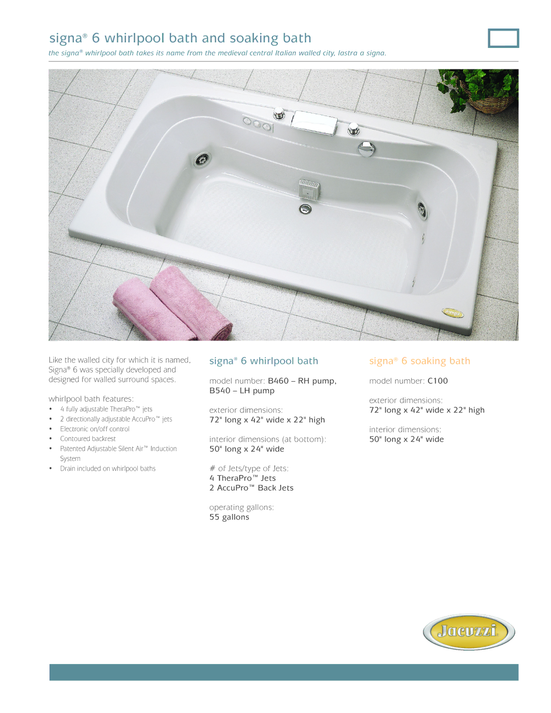 Jacuzzi C100 dimensions Signa 6 whirlpool bath and soaking bath 