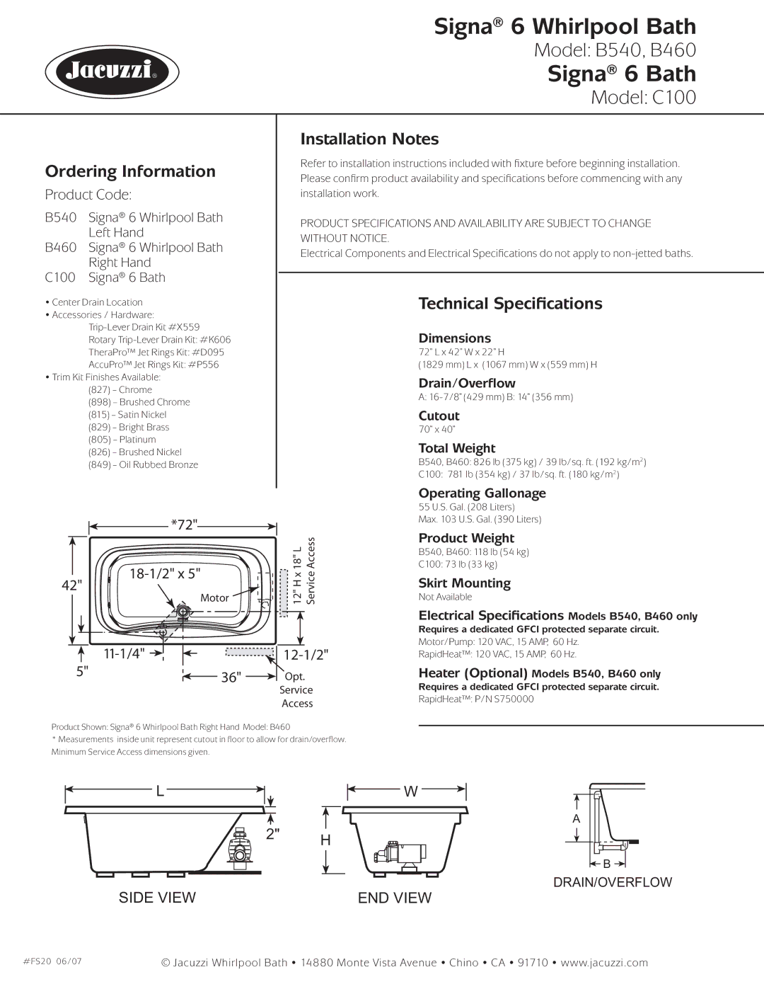 Jacuzzi C100 dimensions Ordering Information, Installation Notes, Technical Speciﬁcations 