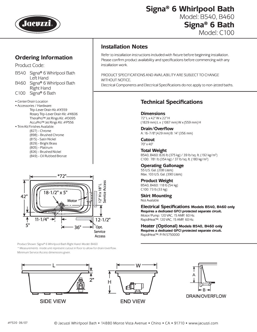 Jacuzzi Signa 6 Whirlpool Bath, Signa 6 Bath, Model B540, B460, Model C100, Ordering Information, Installation Notes 