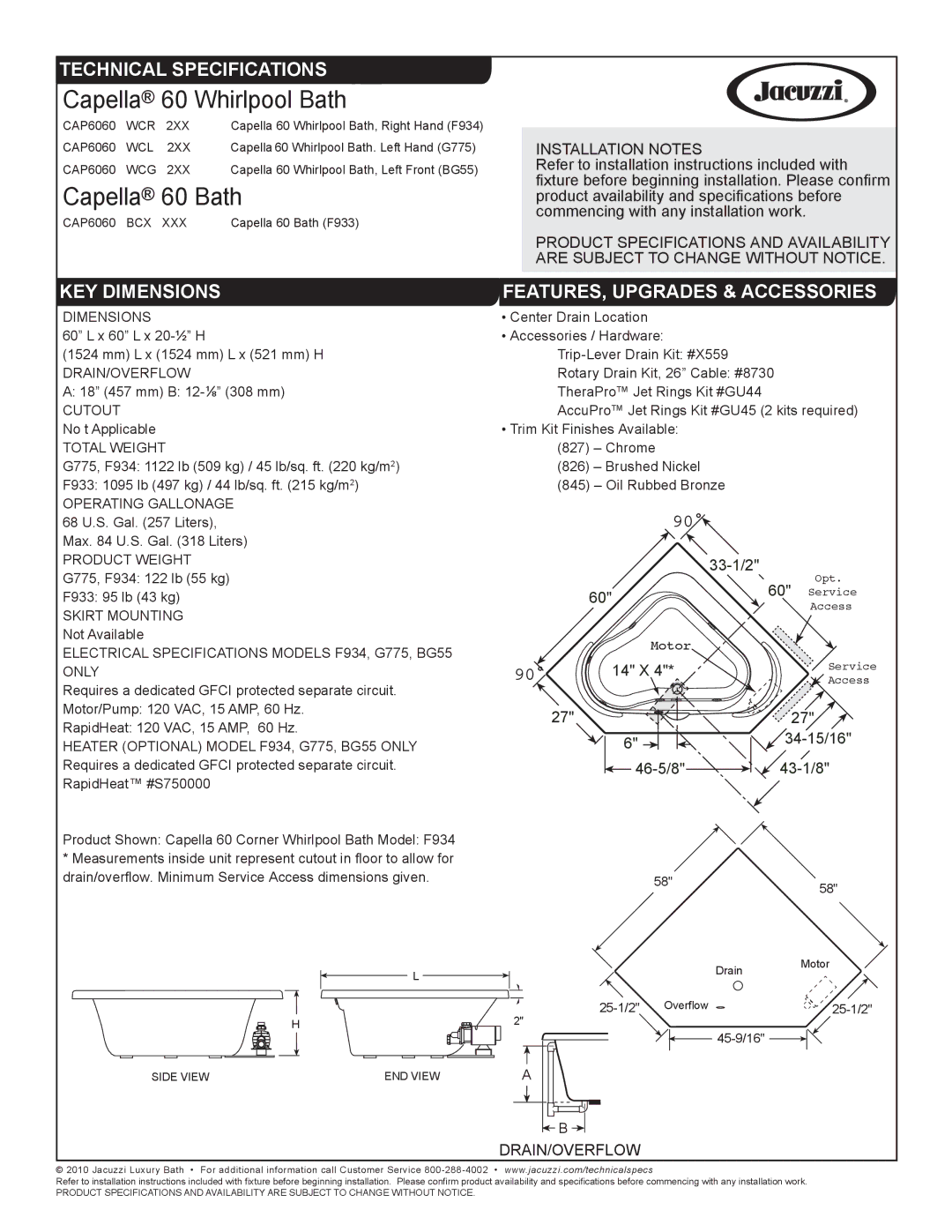 Jacuzzi CAP6060 WCR technical specifications Capella Whirlpool Bath, Capella Bath, Technical Specifications 