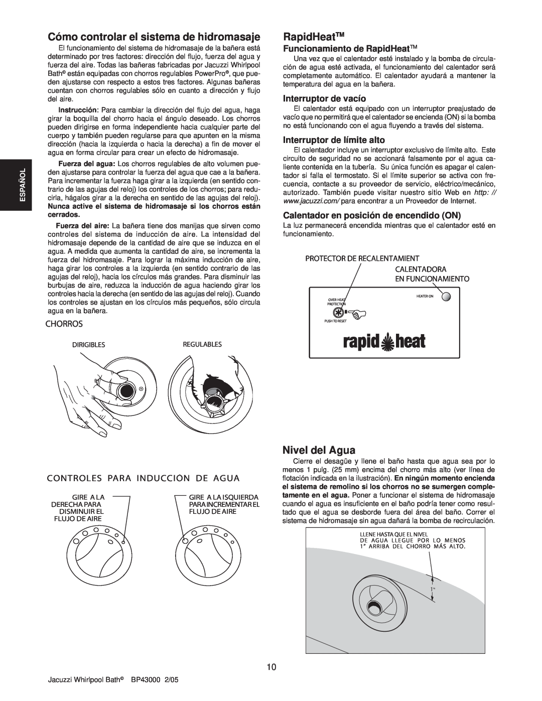 Jacuzzi Comfort Plus Bath Series Cómo controlar el sistema de hidromasaje, Nivel del Agua, RapidHeatTM, Chorros, Español 