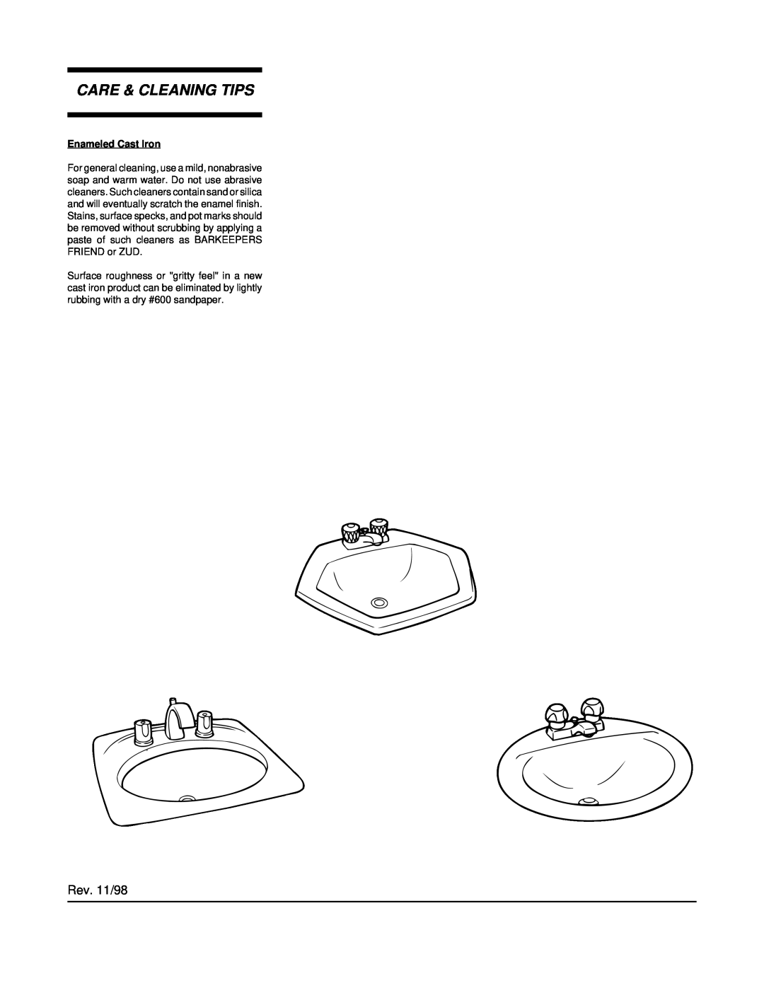 Jacuzzi Countertop Lavatories manual Care & Cleaning Tips, Rev. 11/98, Enameled Cast Iron 