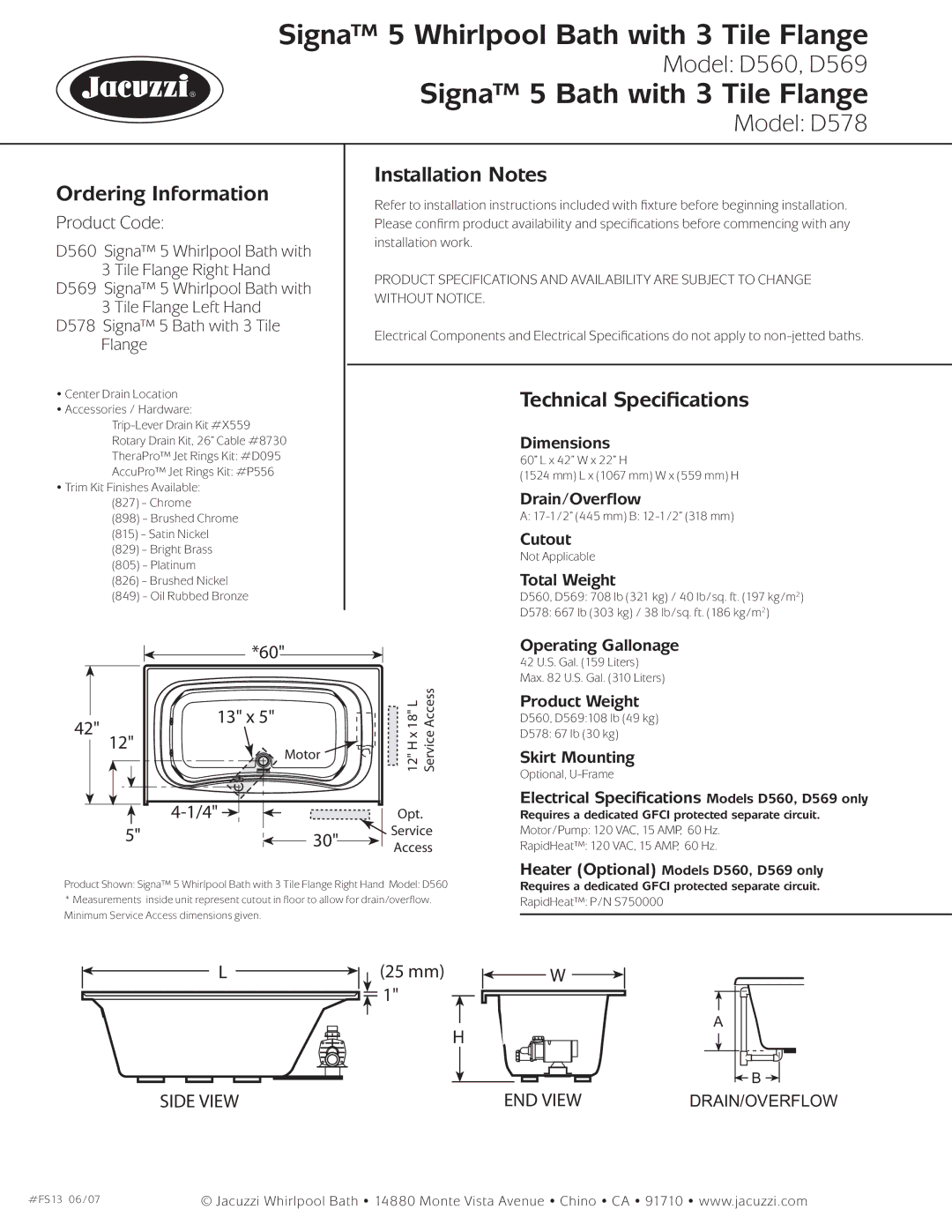 Jacuzzi D578 dimensions Ordering Information, Installation Notes, Technical Speciﬁcations 