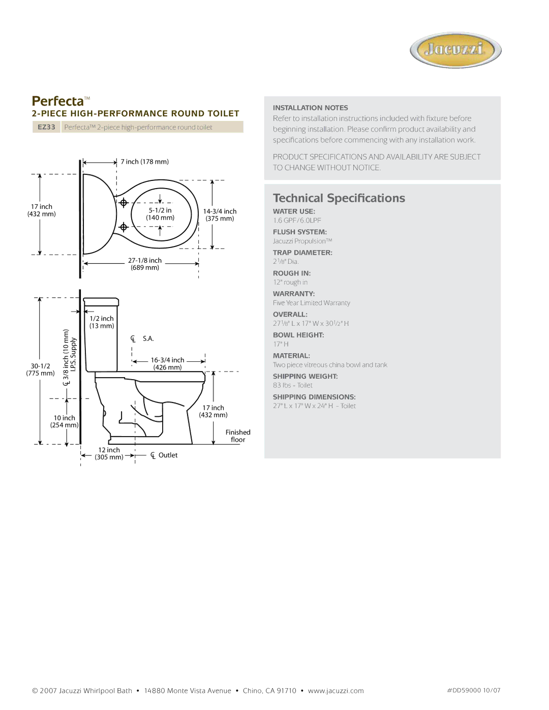 Jacuzzi DD59, eZ33 dimensions Perfecta, Technical Specifications, Piece high-performance round toilet 