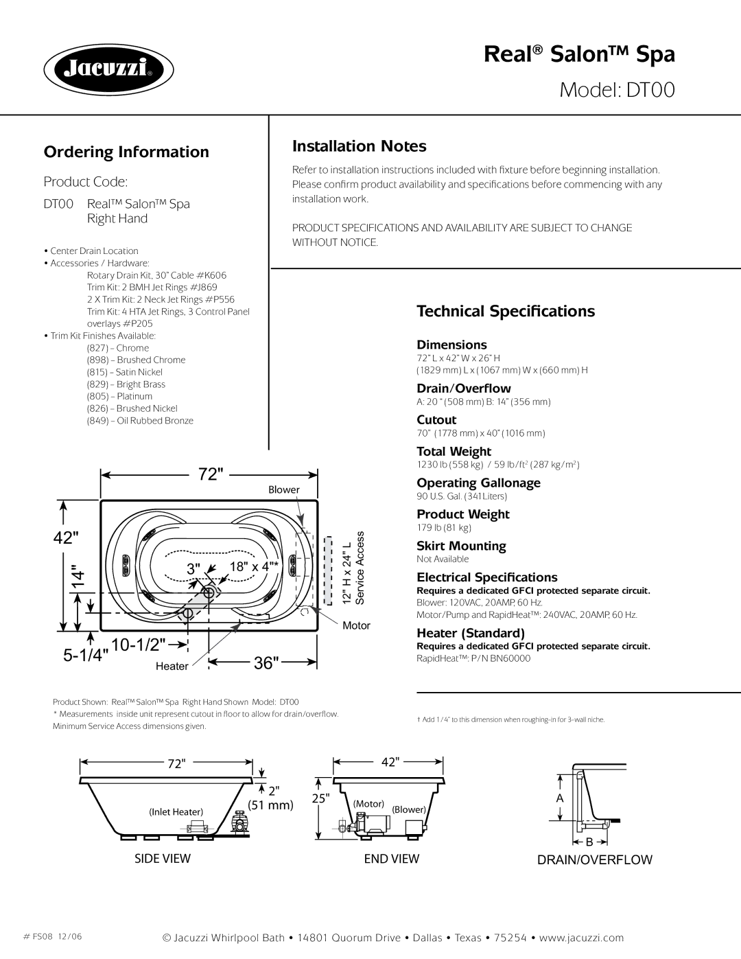 Jacuzzi DT00 dimensions Ordering Information, Installation Notes, Technical Specifications 