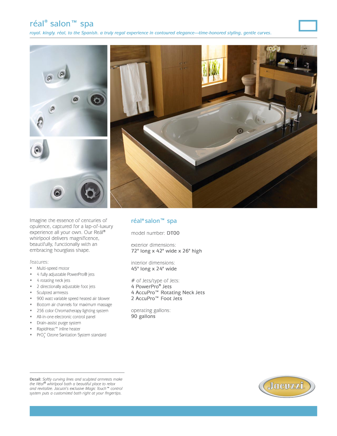 Jacuzzi DT00 dimensions réal salon spa, features 