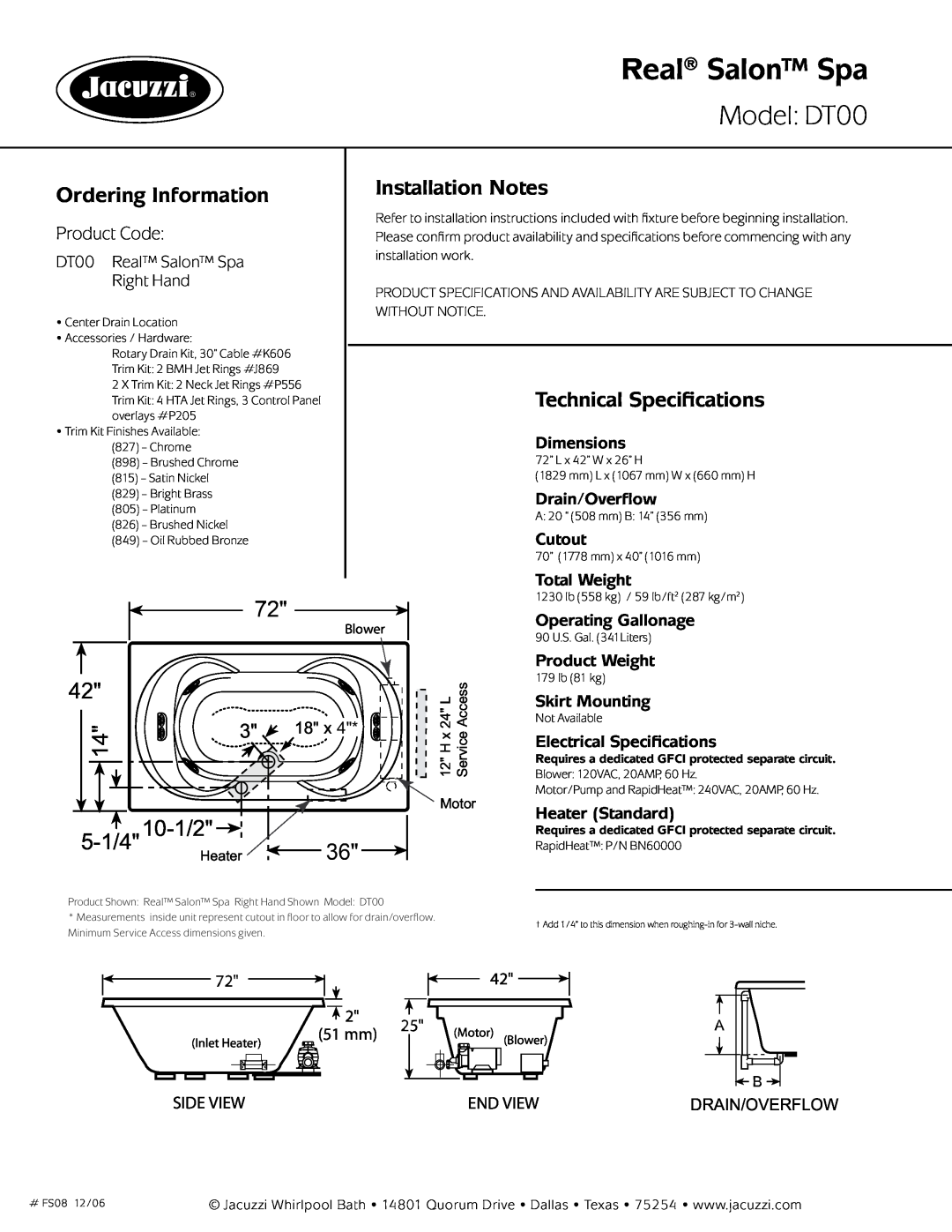 Jacuzzi Real Salon Spa, Model DT00, Ordering Information, Installation Notes, Technical Specifications, 5-1/4 10-1/2 