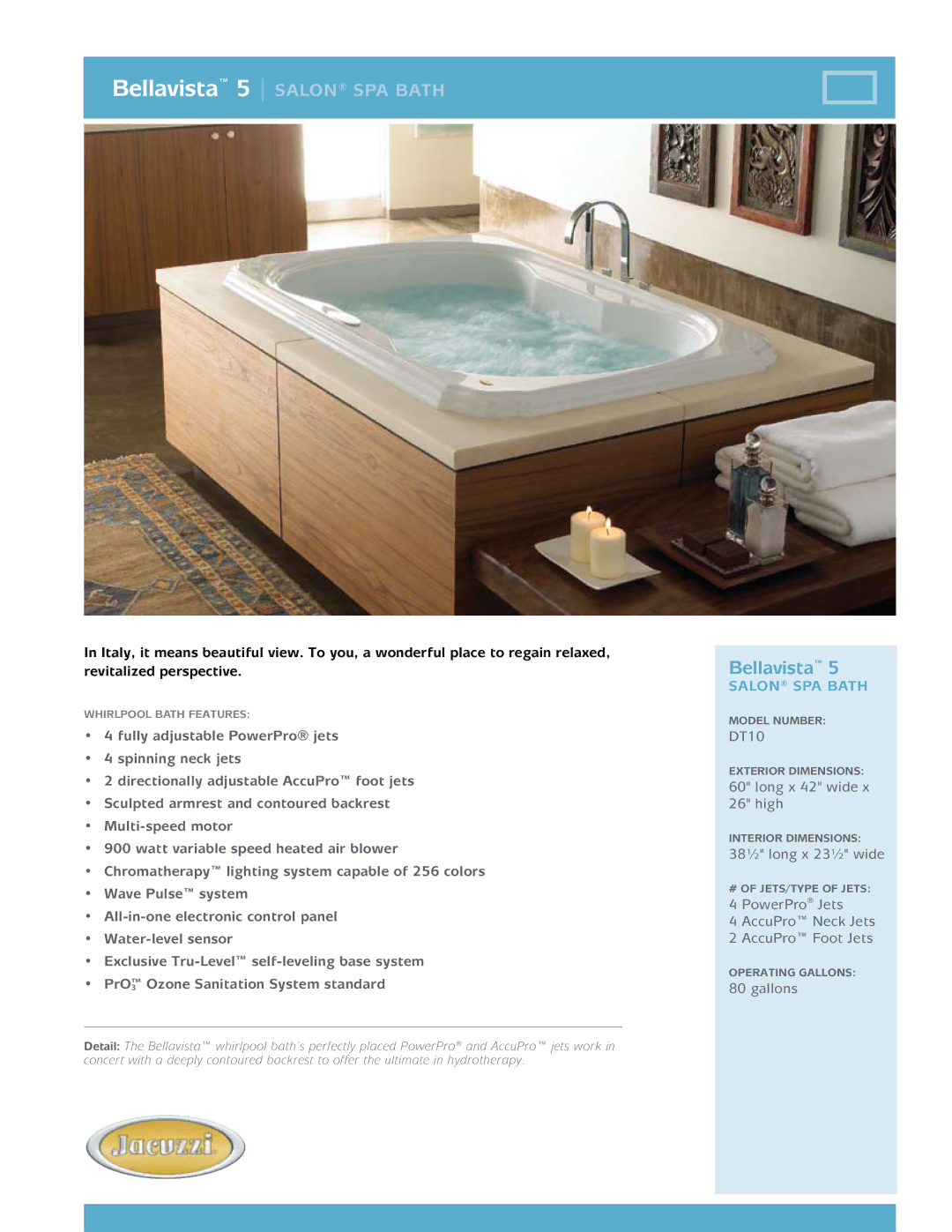 Jacuzzi DT10 dimensions Bellavista 5 salon spa bath, Salon spa bath 