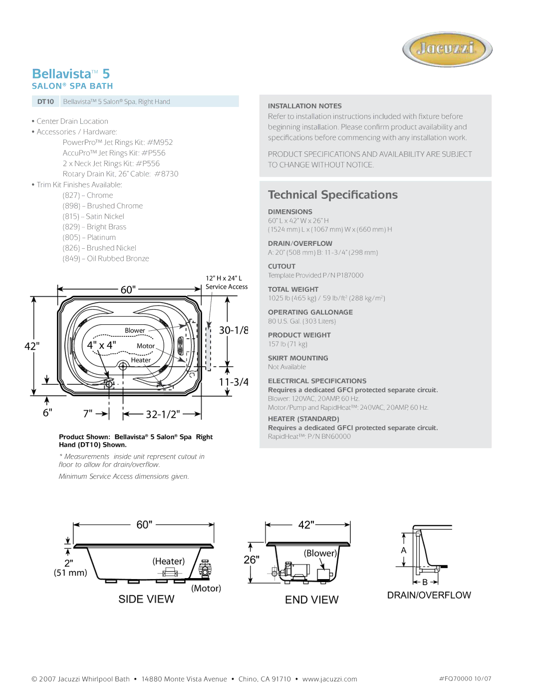 Jacuzzi DT10 dimensions Bellavista, Technical Specifications, 32-1/2, 30-1/8 11-3/4, Salon spa Bath 