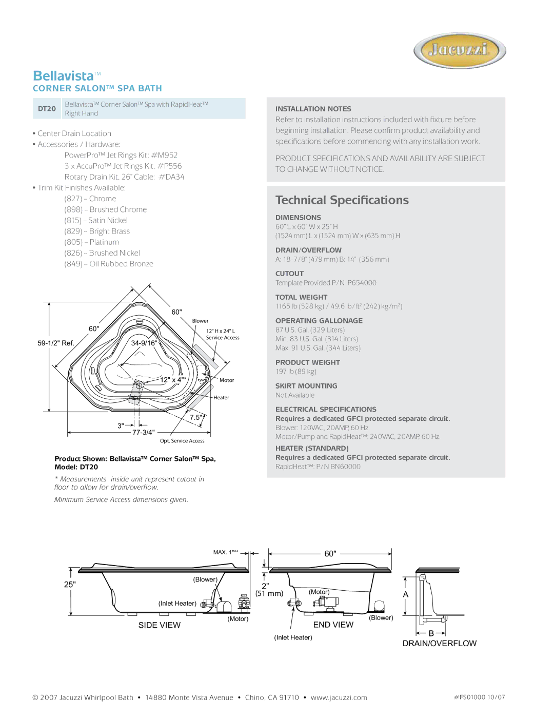 Jacuzzi DT20 dimensions Bellavista, Technical Specifications, Corner salon spa Bath 