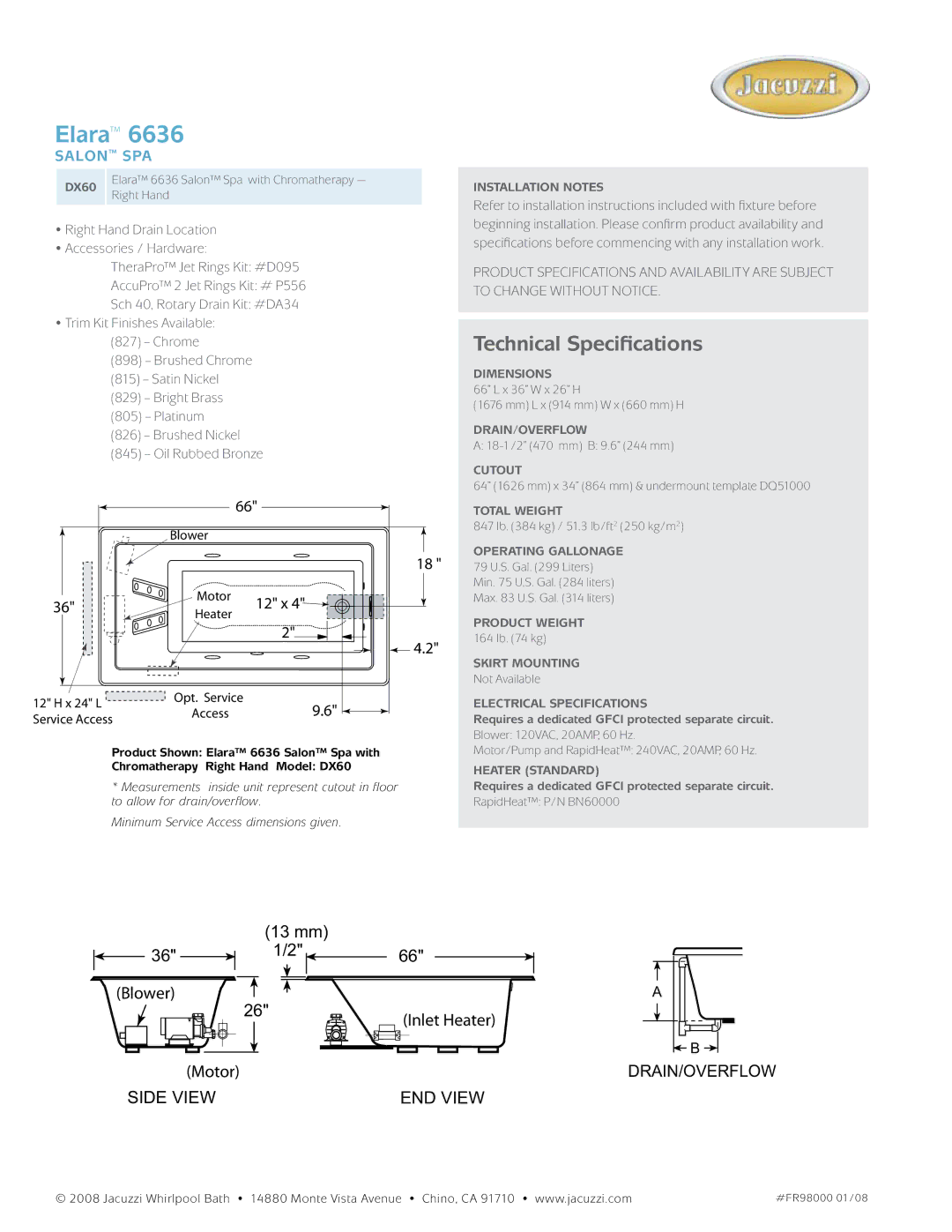 Jacuzzi DX60 manual Elara, Technical Specifications, Salon spa, 12 x 