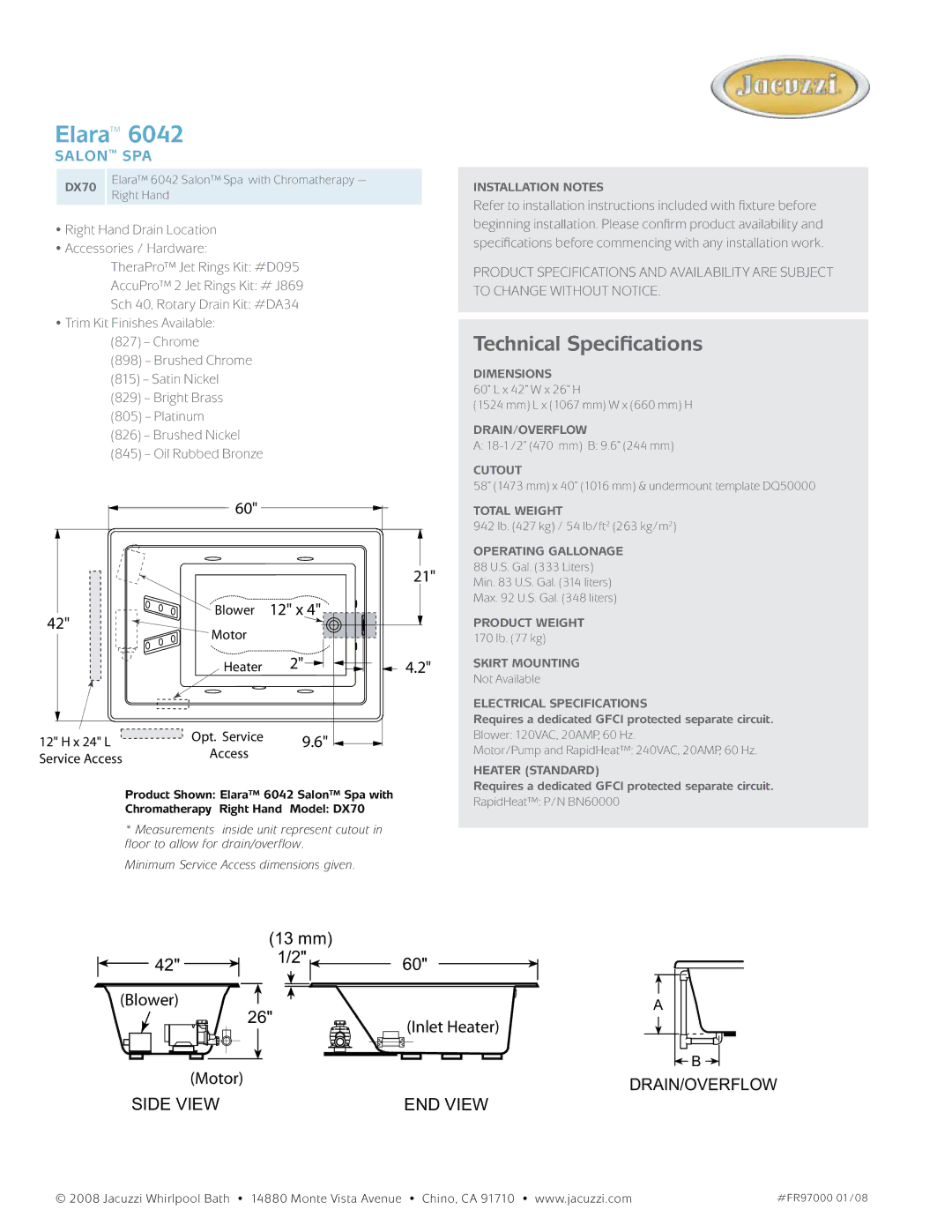 Jacuzzi DX70 manual Elara, Technical Specifications, Salon spa, Blower 12 x Motor Heater 