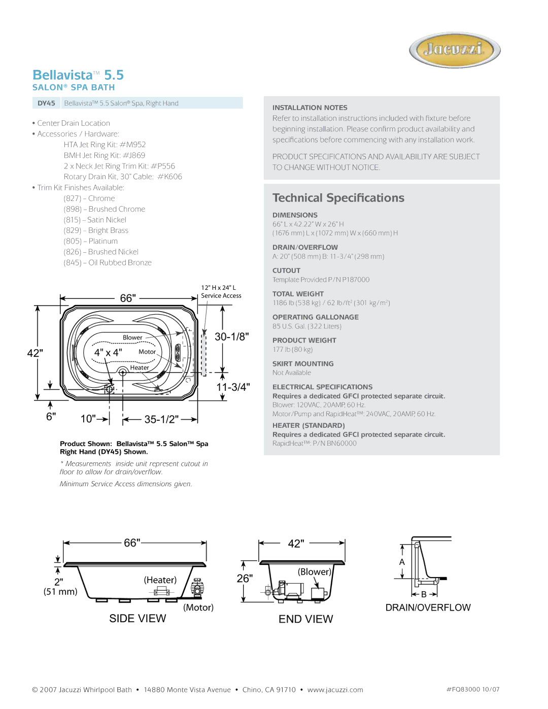 Jacuzzi DY45 dimensions Bellavista, Technical Specifications, 30-1/8 11-3/4, 10 35-1/2, Salon spa Bath 