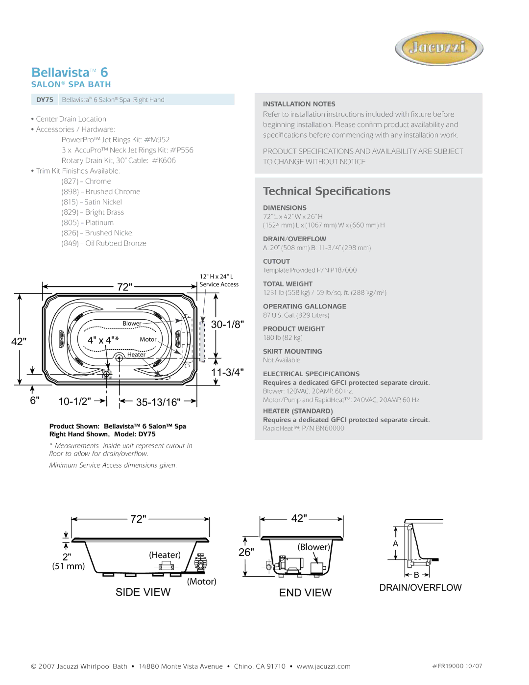 Jacuzzi DY75 dimensions Bellavista, Technical Specifications, 10-1/2 35-13/16, 30-1/8 3/4, Salon spa Bath 