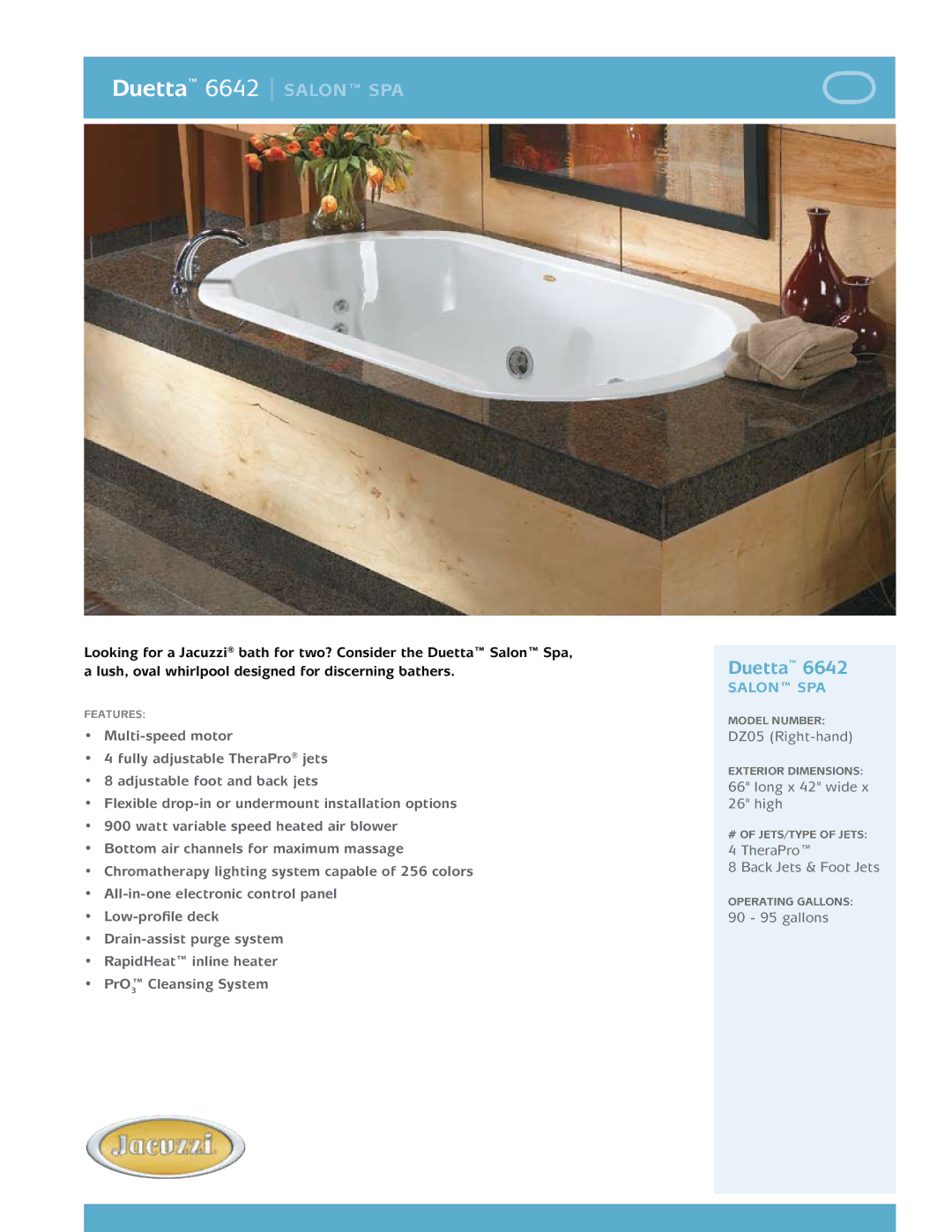 Jacuzzi DZ05 manual Duetta 6642 salon spa, Salon spa 