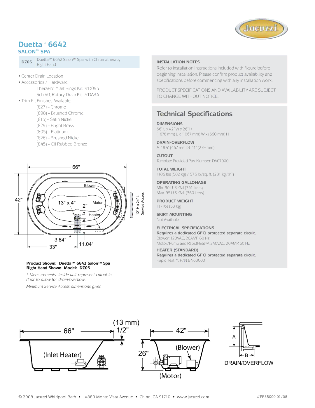 Jacuzzi DZ05 manual Duetta, Technical Specifications, Salon spa, 13 x, 11.04 