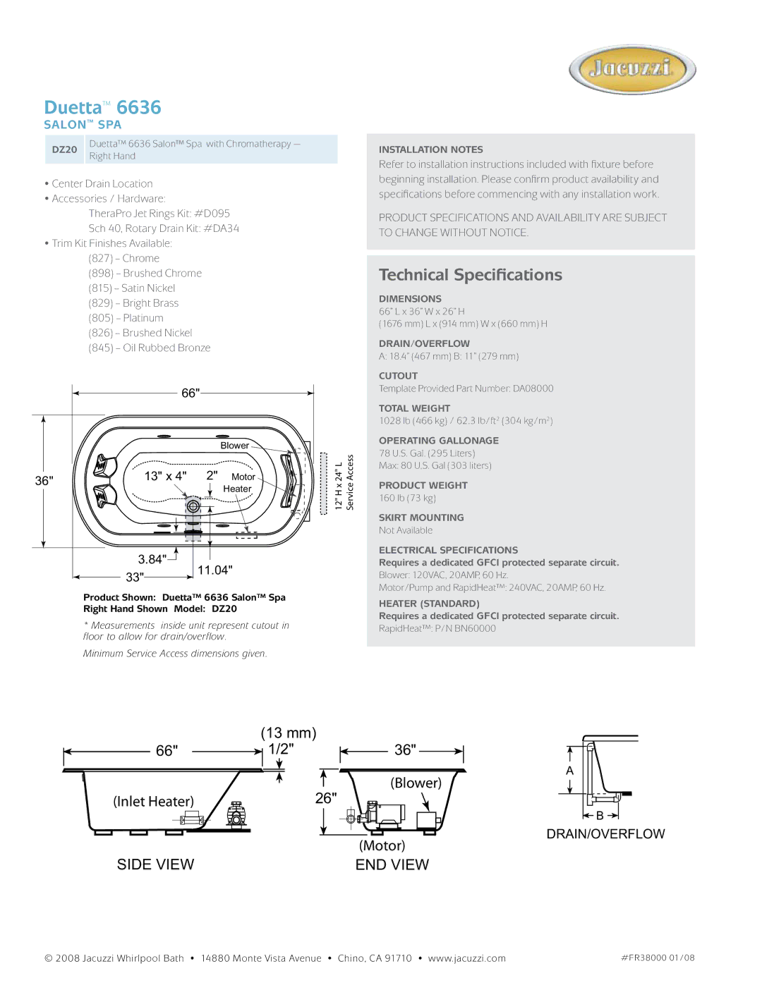 Jacuzzi DZ20 manual Duetta, Technical Specifications, Salon spa, 13 x, 11.04 