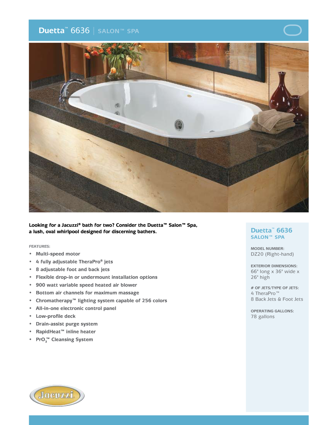 Jacuzzi manual DZ20 Right-hand, long x 36 wide x 26 high, TheraPro 8 Back Jets & Foot Jets, gallons, Duetta, salon spa 