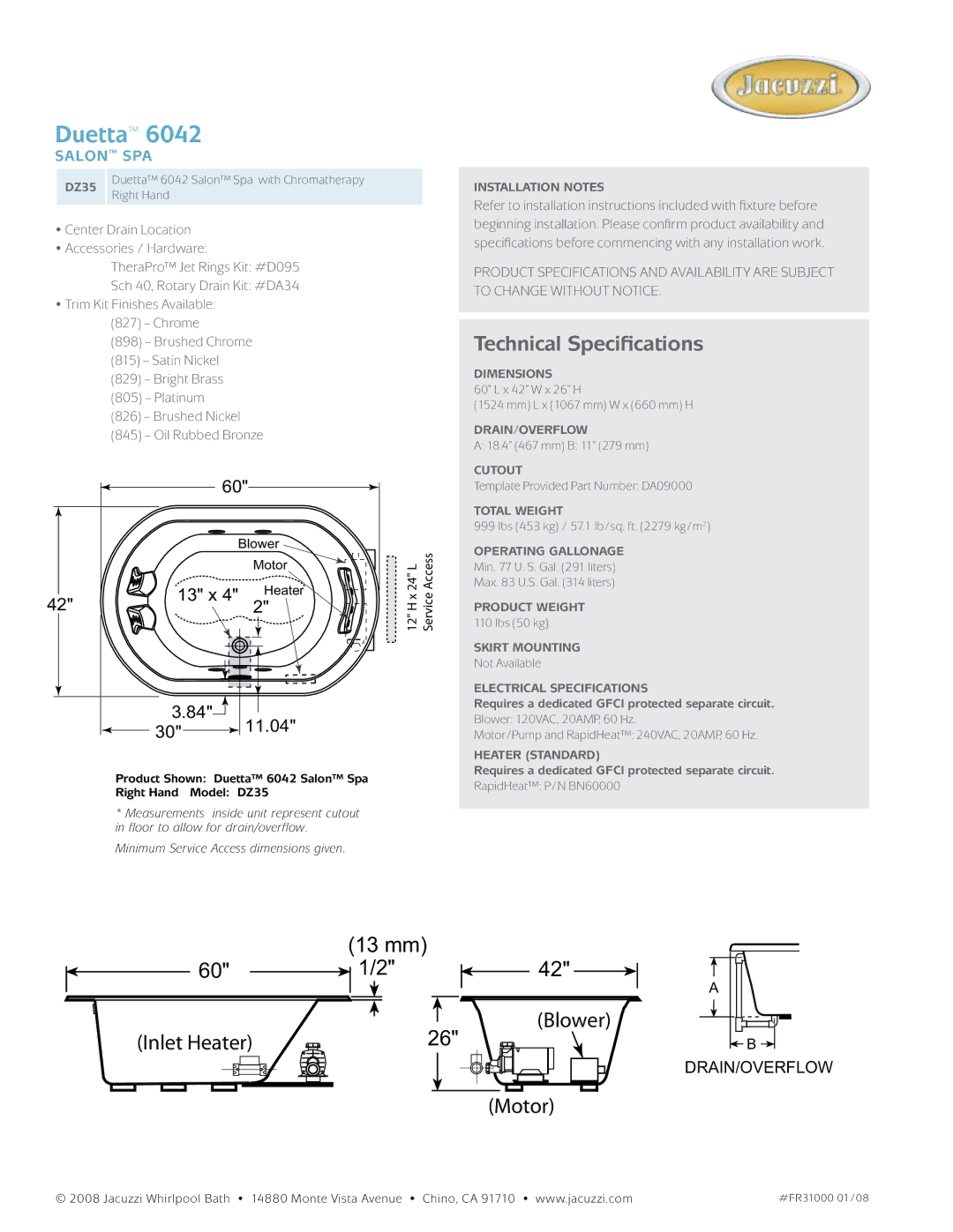 Jacuzzi DZ35 manual Duetta, Technical Specifications, 13 x, 11.04, Salon spa 