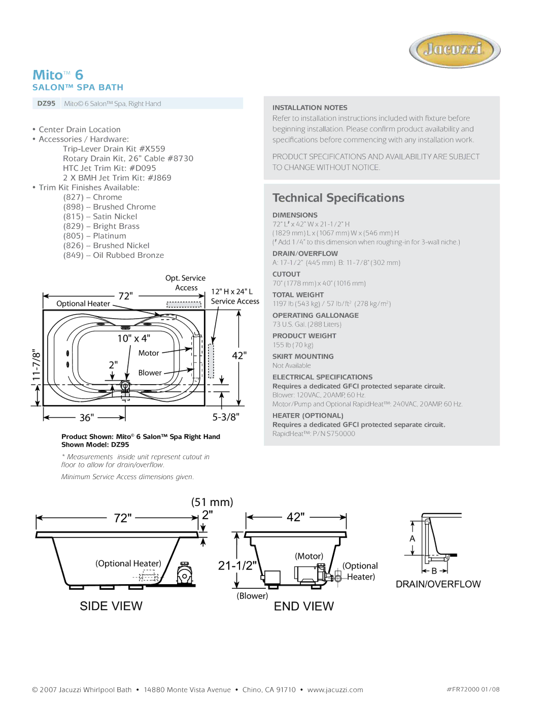 Jacuzzi DZ95 Installation Notes, Dimensions, Drain/Overflow, Cutout, Total Weight, Operating Gallonage, Product Weight 