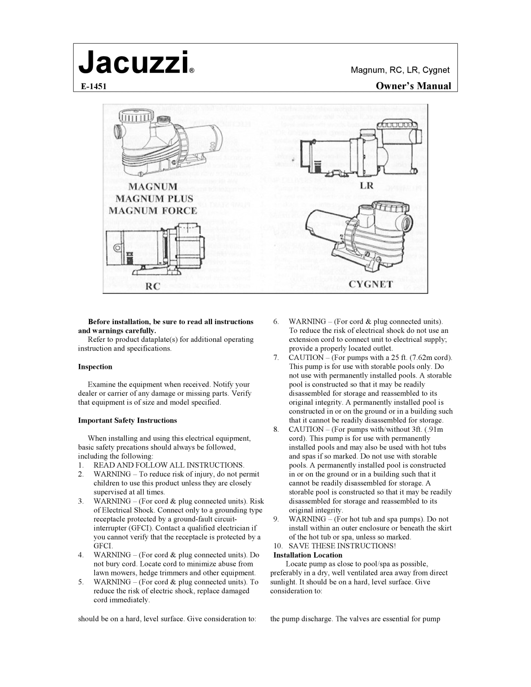 Jacuzzi E-1451 owner manual Inspection, Important Safety Instructions, Read and Follow ALL Instructions 