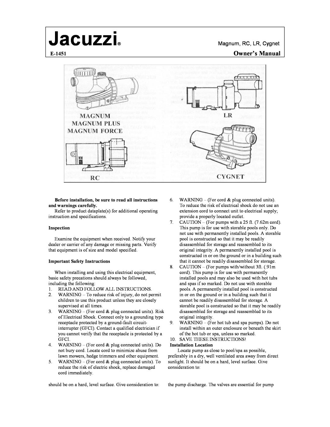 Jacuzzi E-1451 owner manual Jacuzzi, Magnum, RC, LR, Cygnet, Inspection, Important Safety Instructions 