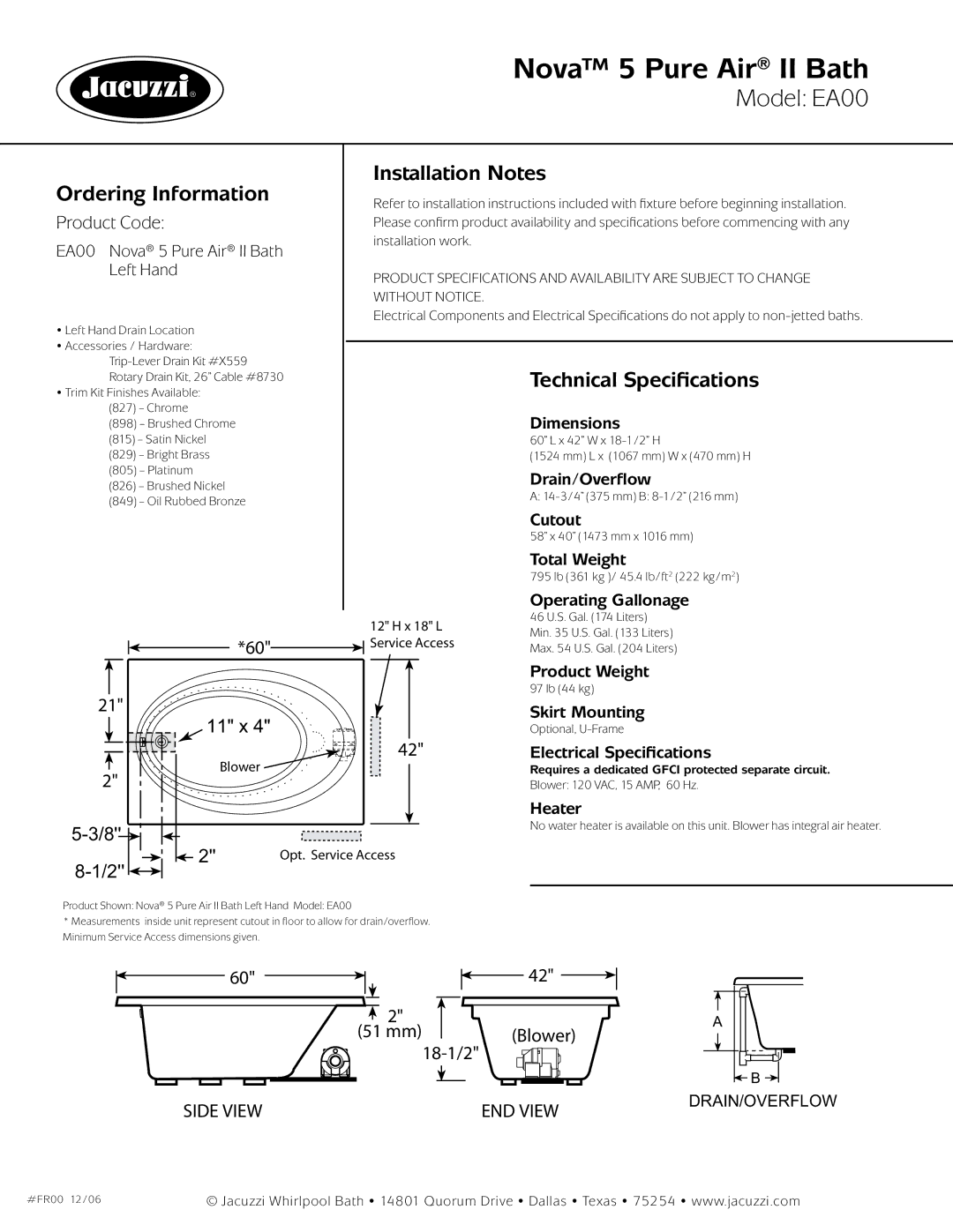 Jacuzzi EA00-LH dimensions Ordering Information, Installation Notes, Technical Specifications 