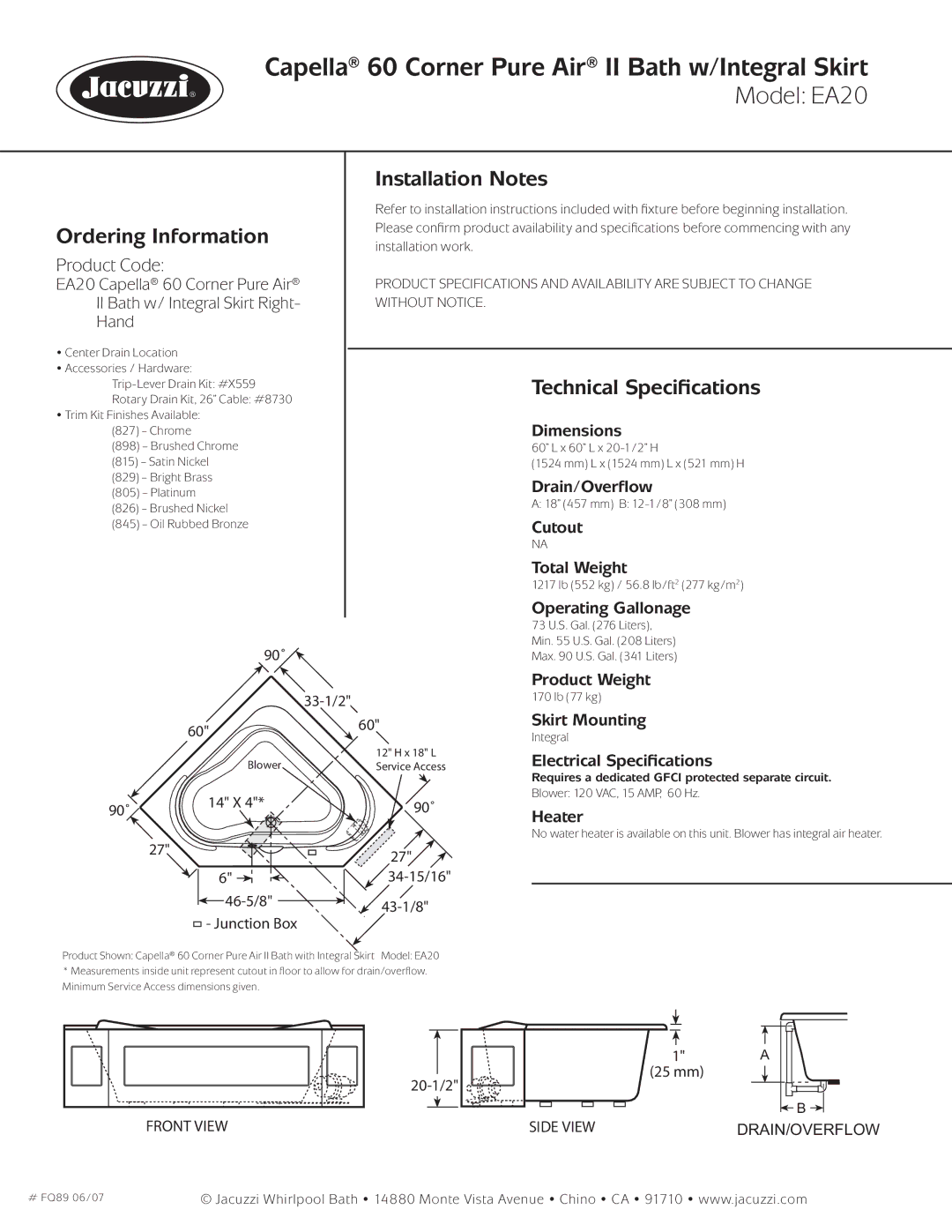 Jacuzzi EA20 dimensions Ordering Information, Installation Notes, Technical Speciﬁcations 