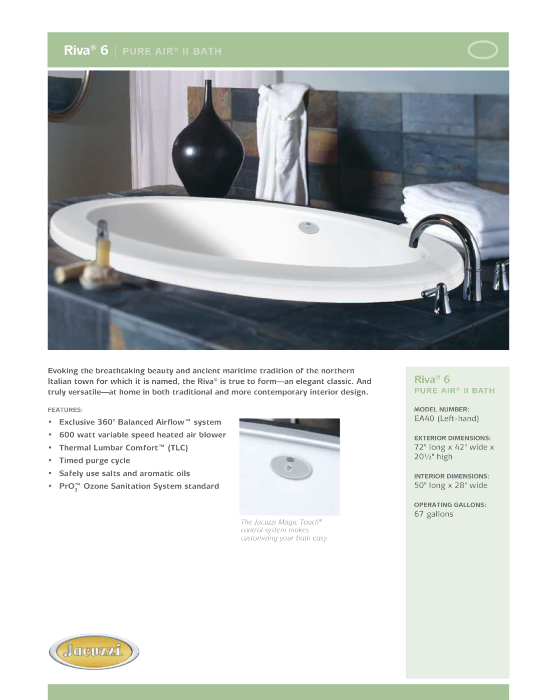 Jacuzzi EA40 dimensions Riva 6 pure air ii Bath, Pure air ii bath 