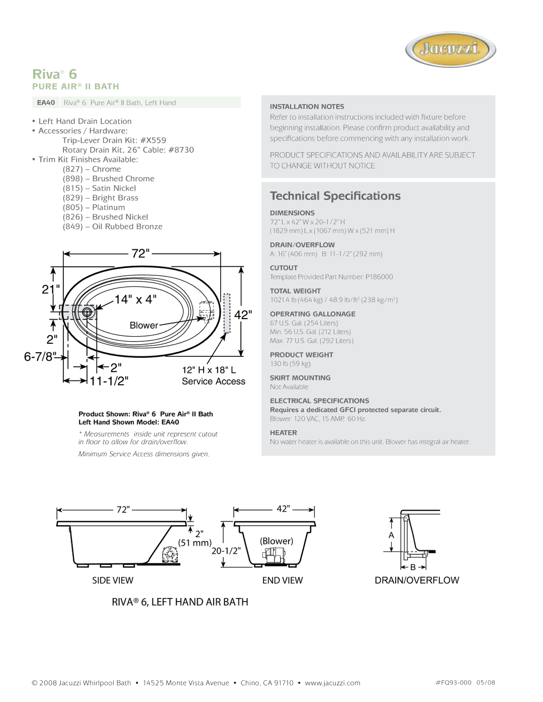 Jacuzzi EA40 dimensions Riva, 14 x, 11-1/2, Technical Specifications 